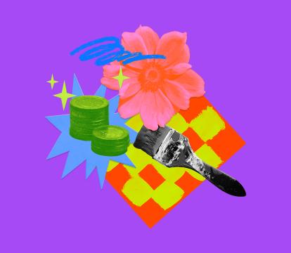 A vibrant collage on a green background features a pink flower, coins, a paintbrush and abstract shapes.