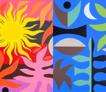 A curtain with yellow-pink tapestry art.