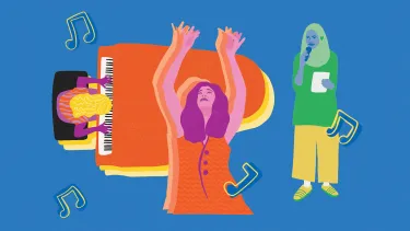 Three animated women playing piano, singing and dancing.