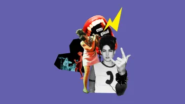 A collage of Bikini Kill rock band performing on stage with a big animated mouth in the background.