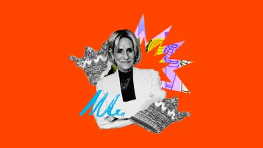 Black and white portrait of a woman in a white blazer against a bright orange background.