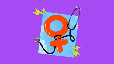 Red female symbol with a stethoscope creates a heart shape against a blue sky background.