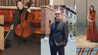 A collage of five portraits of artists in different locations, three holding string instruments.