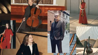 A collage of five portraits of artists in different locations, three holding string instruments.