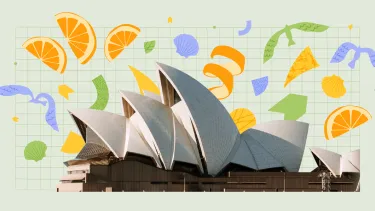 The Sydney Opera House sits on a light green background. Shapes explode out around it including orange peels, birds and shells.