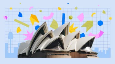 On a light blue background, a cut out of the Sydney Opera House is surrounded by colourful shapes exploding out of it.