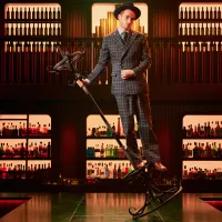 Man in plaid suit and hat balances on a black rocking horse in a stylish bar. Shelves filled with bottles and warm lighting create a suave, vintage ambiance.
