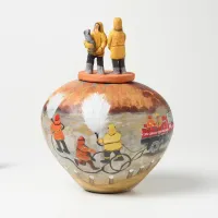 A clay pot painted with fire brigade and firemen.