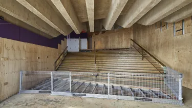 The carpet being stripped from the staircase of the Northern foyer.