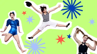 Three playful performers leap joyfully against a bright green backdrop, adorned with colorful starburst patterns in red, blue, and purple.
