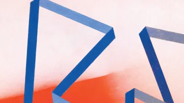 Abstract blue ribbons zig zagging on a bright orange background.