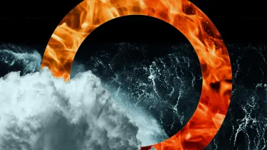 Graphic treatment of a ring of fire over ocean water and cloud.