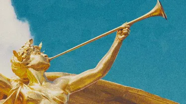 A roman statue of a god plays the trumpet.