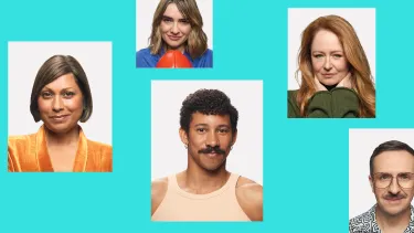 Headshots of eight different men and women against an aqua colour background.