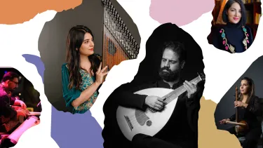 A collage of five artists playing various instruments.