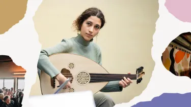 Woman in a green sweater plays an oud, displaying focus and calm. The image border is abstract with torn paper-like patterns in beige, pink, and blue.