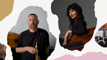Two musicians with string instruments, a man with short hair and a beard on the left, and a woman with dark hair and a smile on the right.