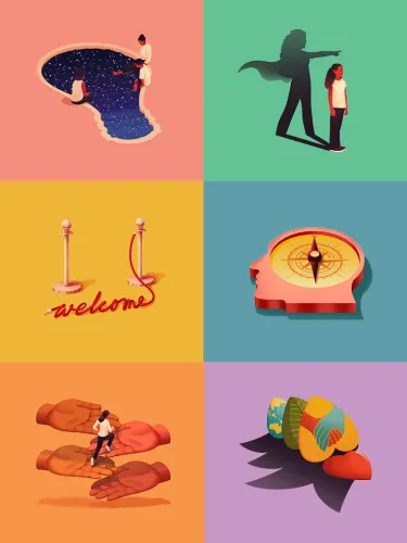 A collage of six images: shadow pointing, red welcome mat, hands holding person, human head with gears, person fishing in night sky head, and head with compass. Each square has a different solid color background.