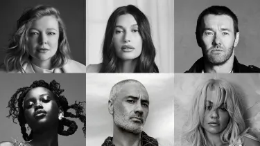 Headshots of Sarah Snook, Hailey Bieber, Joel Edgerton, Adut Akech Bior, Taika Waititi and Rita Ora