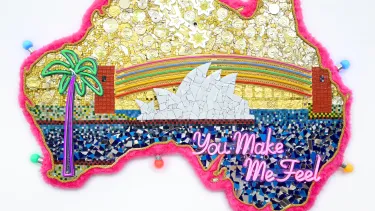 A vibrant mosaic of the map of Australia outlined in neon pink with the Sydney Opera House, a gold mosaic sky and blue mosaic water.